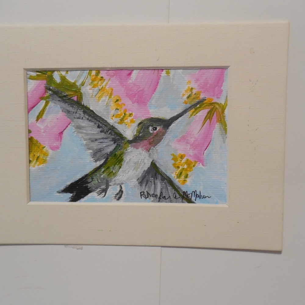 Hummingbird Pink Nectar Flowers Watercolor HAND CRAFTED Painting - Picture 2 of 5